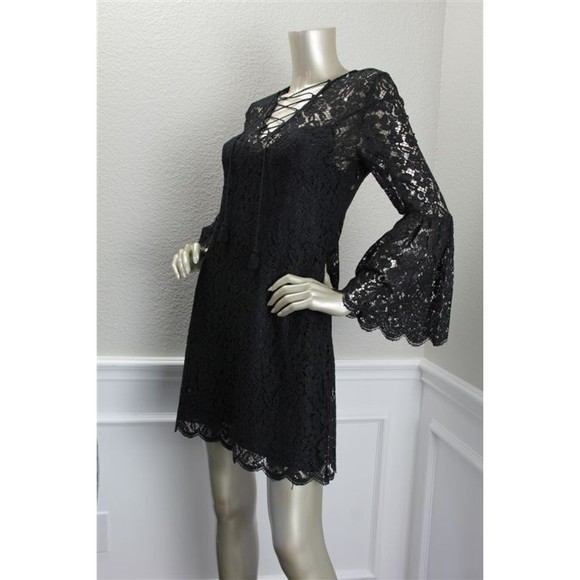 NWT RACHEL ZOE Black Lace Flared Poet Sleeve Corset Tie Mini Dress 4 - Picture 3 of 7